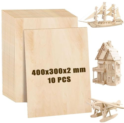 LOPYXBR Lot de 10 plaques de contreplaqué de 2 mm, 420 x 300 mm, en bois de tilleul, plaque de contreplaqué A3, pour travaux manuels, bricolage, modèle, peinture, gravure laser