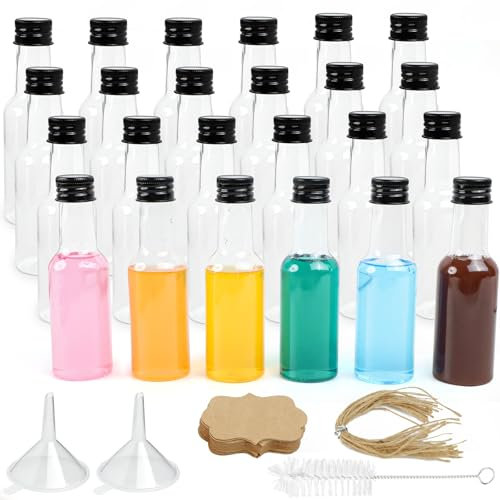 24 Mini Bouteille, 50ml Petite Bouteille Plastique Réutilisables, Vides en Plastique avec Bouchons Noirs et Entonnoir pour Liquides pour Décoration de Bricolage, Cadeaux de Mariage, Fête
