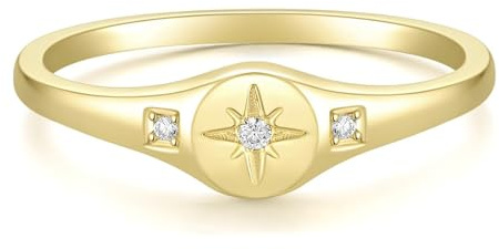 Titaniumcentral 14K Gold Plated Signet Wedding Bands for Women North Star Stackable Ring Statement Ring (Gold,Size I)