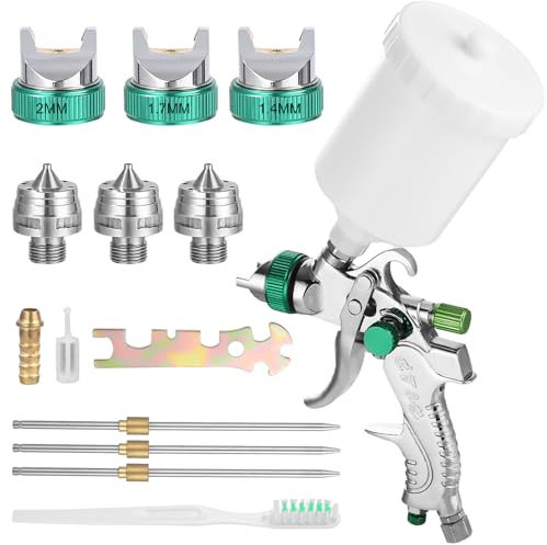 HVLP Pistola de Pintura Profesional, Pistola Pulverizadora de Pintura, Recipiente de Pintura 600 ml, 3 boquillas 1,4mm 1,7mm 2,0mm, Alimentación por Gravedad Pistola Rociadora para Automóviles, Techos
