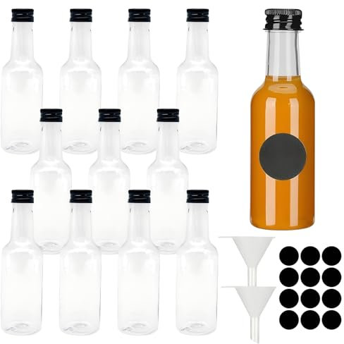 PORUPAEL Lot de 12 mini bouteilles d'alcool avec couvercles, petites bouteilles d'alcool miniatures en plastique avec 2 entonnoirs et 24 autocollants, réutilisables pour le vin, le jus (60 ml)
