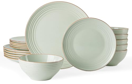 Richmount Jupiter Plates and Bowls Set, Reactive Glaze Dinner Sets for 6 People, 18 Pieces Stoneware with Gold Rim, Scratch Resistant Dinnerware Service for 6, Microwave & Dishwasher Safe, Light Green