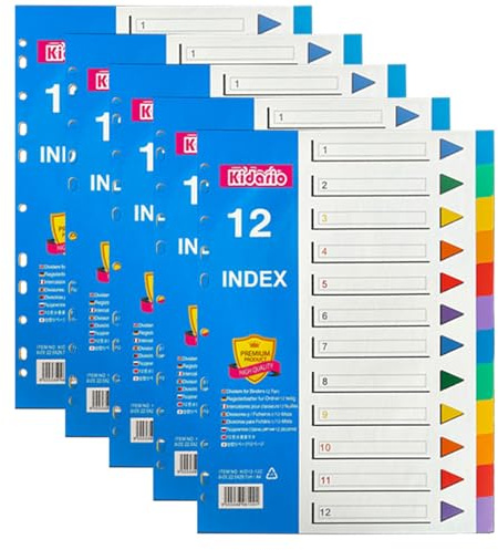 File Dividers A4, 5 Pack 12 Part Pastic A4 Folder Dividers 1-12 Part Dividers Ring Binders Index Dividers Colorful Plastic Folder Dividers for Office School Home Files Dividers