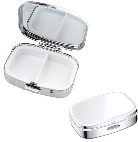 2 Stück Pillendose Klein für Unterwegs,Rechteckige Tablettenbox mit 2 Fächern,Tragbare Medikamentenbox aus Metall,Kleine Metalldose Mini Pillendose in Silber für Vitamine & Nahrungsergänzungsmittel