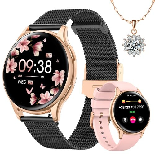 Sanorum Smartwatch Damen mit Telefonfunktion, Rund 1,27 Zoll HD Screen Armbanduhr mit 120+ Sport Menstruationszyklus Pulsuhr SpO2 Schlafmonitor IP68 Fitness Tracker für iOS Android Roségold Schwarz