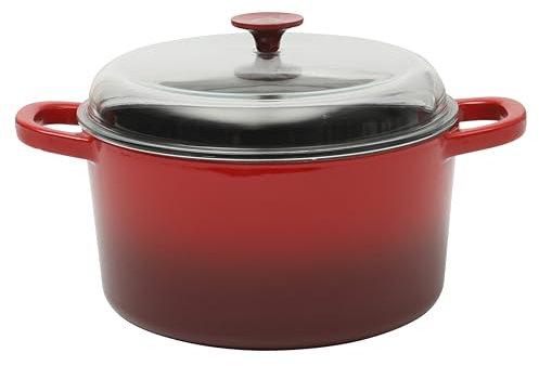 Crock Pot Artisan - Horno holandés redondo de hierro fundido de 7 cuartos con tapa de borasilicato, color rojo