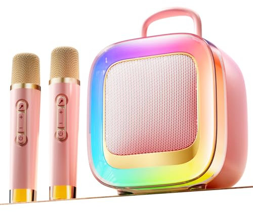 Kinglucky 2025 Upgrade Karaoke-Maschine, tragbarer Bluetooth-Lautsprecher mit 2 kabellosen Mikrofonen für Erwachsene & Kinder mit Lichtern, Karaoke für alle Smartphones, Geburtstag, Familie, Roségold