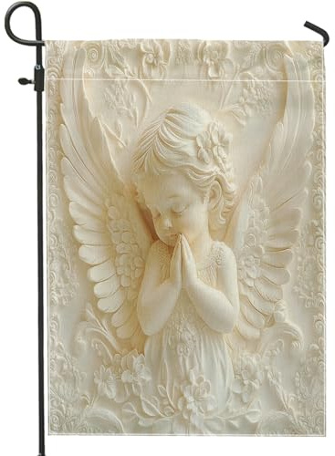 Bandiera da giardino con angelo in preghiera, color crema, decorazione per la primavera e l'estate, striscione per la casa in iuta su entrambi i lati, decorazione per prato esterno, 30,5 x 45,7 cm