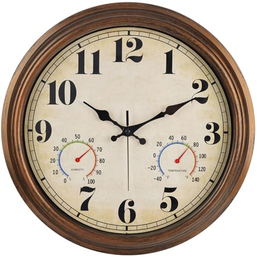 45MinST 16 Inch Bronze Vintage Large Indoor/Outdoor Waterproof Wall Clock with Thermometer & Hygrometer, Silent Non-Ticking Quartz Timepiece for Home, Porch, Garden,Pool
