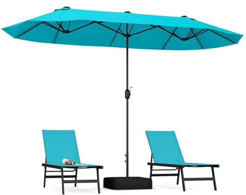 GOPLUS Parasol de Jardin Double Face avec Manivelle et Ventilation, 4x2M pour 6 Personnes, avec Pied pour Marché, Piscine, Terrasse, Balcon (Turquoise)