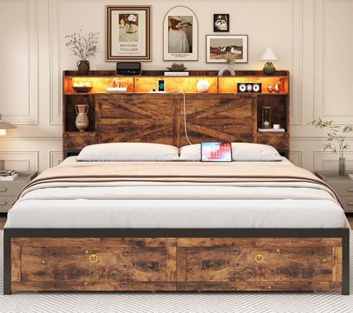 TIGUBFRE King Size Bed Frames with Storage Headboard and 4 Drawers, Farmhouse Platform Bed Frame with Charging Station & LED Lights, Metal Slats Support, Noise Free, No Box Spring Needed, Rustic Brown