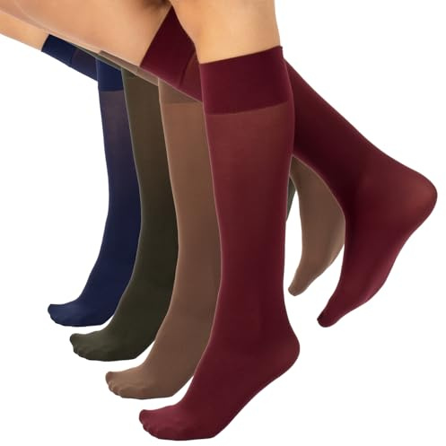 CALZITALY 4 Pares De Medias Tupidas Hasta La Rodilla | 40 Den | Negro, Navy, Verde, Rojo | Calcetería Italiana (FR/ES, Letras, Talla única, Regular, Regular, Cocoa + Darkwine + Navy + Verde bosque)