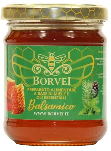 Miele con Eucalipto e Menta 250 g – Apicoltura BORVEI® | Miele di Millefiori Aromatizzato con Oli Essenziali di Eucalipto, Menta, Timo e Pino Silvestre | Per Tisane e Tè, Gusto Fresco e Aromatico
