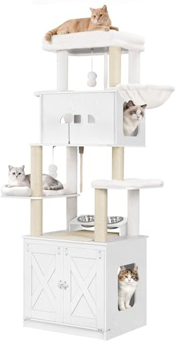 Hzuaneri Klösträd med kattlåda, skåp, 173 cm hög, vit | Klösträd, foderstation, stor plattform, sisalrep, hängmatta, tvättbar kudde, plyschbollar, vit, CB89014WT