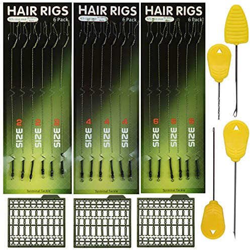 25pcs Carp Fishing Hair Rigs Kit Contains 18pcs Carp Rigs+3 Cards Boilie Stoppers+ 4pcs Bait Needle Tool Kit Carp Fishing Leader Rigging Terminal Tackle Set
