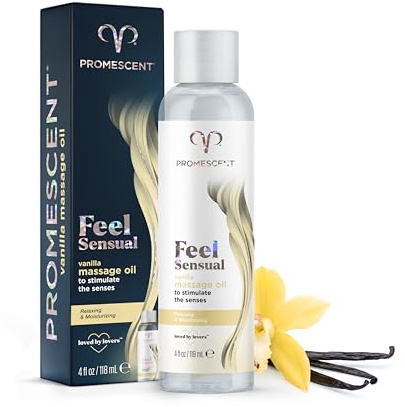 Promescent Massage Oil for Massage Therapy, Massage Oils for Date Night, Premium Body Oil for Men & Women to Relieve Stress & Sore Muscles, Essential Oils for Skin (4 oz) (Vanilla)