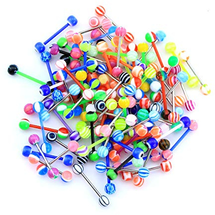 CM Crareesi Mania 30PCS Tongue Rings Pack Colorful Tongue Rings Stud Random Color Tongue Bars Stainless Steel/Acrylic 14G Tongue Barbells