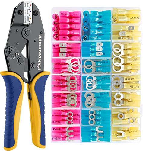 haisstronica Crimping Tool Set for Heat Shrink Connectors with 280PCS Wire Crimping Tool of 0,5-6mm²(AWG22-10) Electrical Ring Fork Spade Splice(3Colors/7Size)
