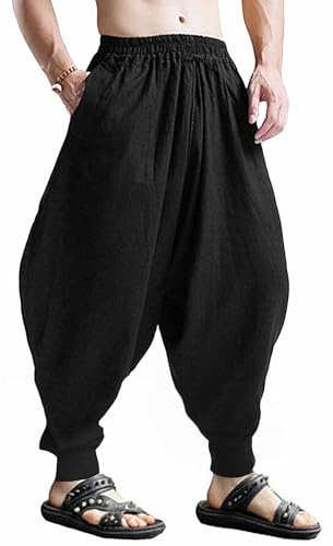 CLANMILUMS Men's Cotton Harem Pants Casual Loose Hippie Drop Crotch Trouser (3X-Large, Black1)