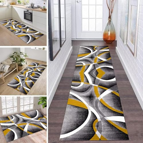 Teppich Läufer Flur Küche rutschfest waschbar Teppichläufer Lang 120X300CM Grau Schwarz Orange-gelb Weiß Modern Design Meterware Korridor Tepiche Esszimmer Schlafzimmer Wohnzimmer Schmutzfangmatte
