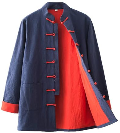 PTATT Chinesische Kung Fu Jacke Tang Anzug Für Männer Kung Fu Kleidung Große Größe Tops Martial Art Baumwollhemd Blue-XL