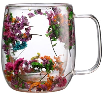 Kaxenig Dried Flowers Double Walled Glass Mugs, Dry Flower Cup with Handle, 250/390ml Coffee Cups, Glass Tea Cups Double Wall Insulated Coffee Mugs Tea Mug Milk Mug