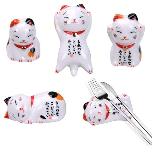 Hominas 5 Pièces Baguettes de Chat en Céramique Reste Rack, Repose Baguettes en Céramique Support de Fourche Porte Bonheur pour Baguettes Cuillères Fourchettes, Maison Et La Cuisine