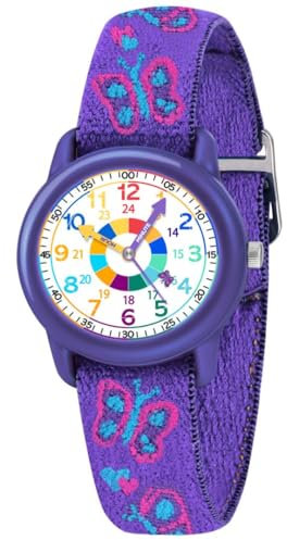 Timever Montre Enfant Fille Garçon Analogique avec Bracelet en Tissu Élastique,Apprendre à Lire l’Heure,Papillon Dinosaures Fleurs