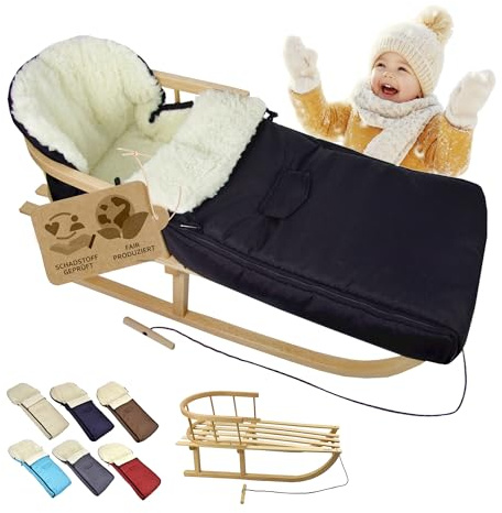 Kombi-erbjudande [träsläde universell vinteråkpåse 108 cm] kälke med ryggstöd och dragrep, fotsäck, lämplig för babystol, barnvagn, buggy med lammull (svart (108 cm))
