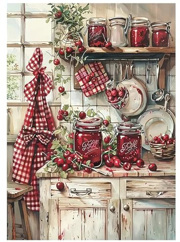 SHEGZHUC Pintura de diamante para cocina, cereza, 30 x 40 cm, diseño de cocina, color rojo, mermelada de cereza, pintura de diamantes, pintura de diamantes, arte, bordado, punto de cruz, imágenes,