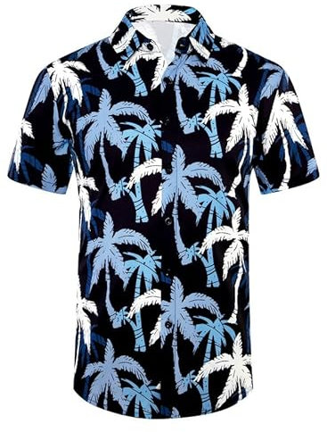 XiaoMoSha Mens Hawaiian Shirts Short Sleeve Wrinkle Free Button Down Summer Casual Shirt for Men Tropical Holiday Beach Funky Party Tops, BlackPalmTree, Small