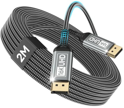 Nersligek DisplayPort Kabel 2.1 2M-DP Kabel Unterstützt 16K@60Hz, 10K@60Hz, 8K@120Hz, 4K@240Hz/165Hz/144Hz, 2K@360Hz/240Hz, 80Gbps, HDR, DSC1.2a, FreeSync, G-Sync für Gaming Monitor, Grafikkarte, PC