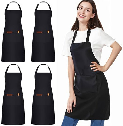 umboom 4 Pack Black Chef Apron, Adjustable Waterproof Apron with 2 Pocket for Men Women Waiter Waitress Kitchen Restaurant Work Cooking Painting Baking (Water Resistant)