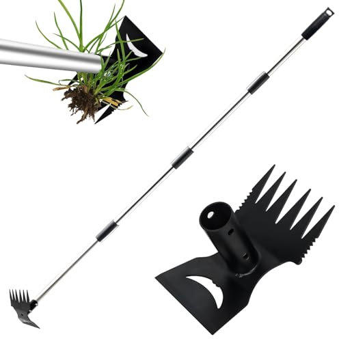 Bindokun Herramienta extractora de malas hierbas con mango largo, herramientas de jardinería de 150 cm, rastrillo manual 2 en 1 y azada de jardín, herramientas de jardín para patio, césped, terraza