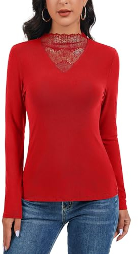 SERSARY T-Shirt Femme Manches Longues en Dentelle Col V Haut Col Montant Extensibles Tee Shirt Tunique Chemises Élégant Top Maillot de Corps Ajustée Hauts Tricotés,Rouge,2XL