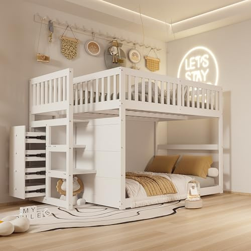Oxtao Letto a castello basso 140x200 cm, sicurezza con vano portaoggetti, design recinzione, culla anticaduta, legno, senza materasso (bianco)