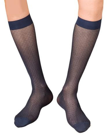 Asukohu Eleganti calzini da uomo con motivo trasparente trasparente in nylon, abbigliamento formale da lavoro, sottile, lungo tubo, sopra il polpaccio, calzini in seta, abito formale da lavoro, blu