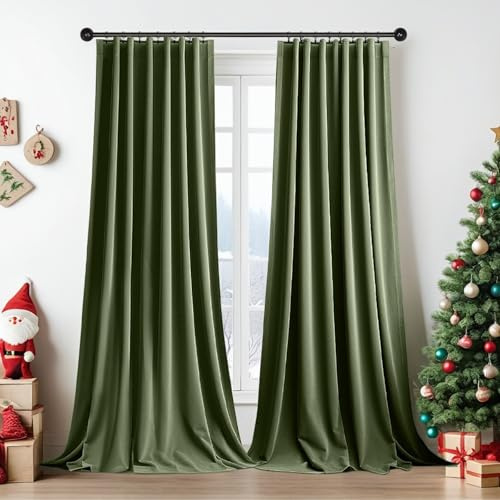 PLODAXE 2er Set Samtvorhang Kräuselband, Schöne Samt Gardinen Verdunkelung Multifunktionsband, Thermogardine, Velvet Vorhang Flächenvorhänge Wohnzimmer, Schlafzimmer (H244xB132CM, Oliver Grün)