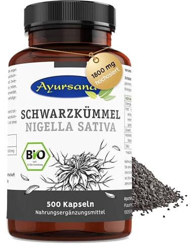 Ayursana Bio Schwarzkümmel 500 Kapseln – 1800 mg hochdosiert Schwarzkümmelpulver + 372 mg HMPC pro (Tagesdosis) – Nigella Sativa aus Ägypten – Vegane hochwertige Supplemente ohne Zusatzstoffe