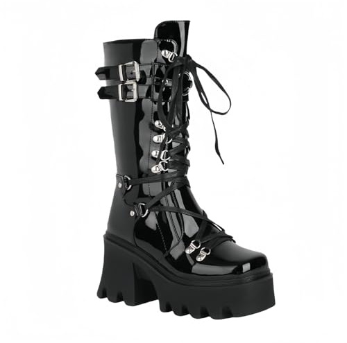 FQLGJMY Mujeres rodilla alta cuña plataforma botas con tacón alto grueso encaje y cremallera Punk gótico medio ternera botas de combate moto botas con hebillas de metal para otoño invierno
