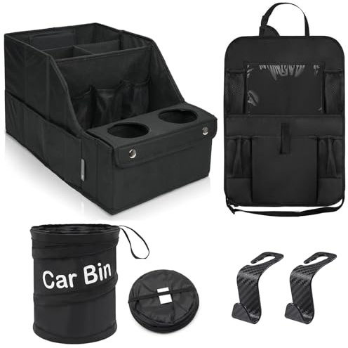 Kit d'organisation de voiture 5 en 1 + organiseur de siège arrière + poubelle de voiture + 2 crochets pour appuie-tête - Accessoire multifonction pour siège passager enfant - Coffre - Pliable
