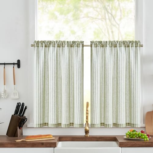 TOPICK Kitchen Curtains, Green Striped Linen Look Cafe Curtains W36 xL24 | 2 Panels Rod Pocket Small Curtains, Light Filtering Privacy Curtains for Living Room, Bathroom, Bedroom, Cupboard Base, Sink