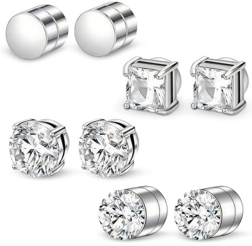 4 Pairs Magnetic Earrings for Men Women, Silver Magnetic Earrings Clip, Stainless Steel Fake Earring Silver Non-Pierced Magnet Stud, Earrings Clip On, Magnet Jewelry for Men Women Boys Girls