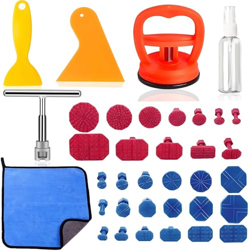 xoqoiuo 36PCS Car Dent Puller Kit, Dent Remover Tool for Car, T Cars Dents Repair Puller Cleaning Cloth and 30 Gasket Suction Cup for Cars Body Glass Screen Tiles Lifting Objects Moving