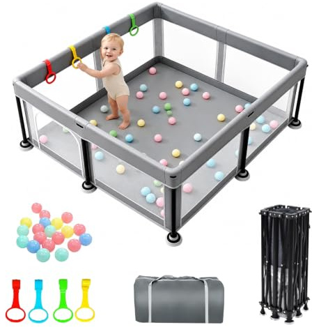 Baby Playpen for Baby and Toddlers,125cm*125cm Foldable Small Baby Play Pen with Anti-Slip Suckers | Indoor & Outdoor Collapsible Safety Baby Fence with Balls | Quick 60s Pop up, No Assembly