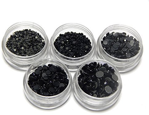 Hotfix Strasssteine, ** SCHWARZ Jet Set ** AAA Qualität, zum Aufbügeln in 5 Größen 2mm 3mm 4mm 5mm 6mm Glitzersteine Rhinestone Glass Strass Perlen Selbstklebend mit Sortier Box