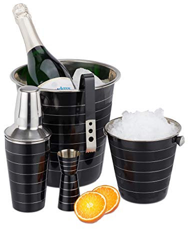Relaxdays Set da Cocktail per Alcolici da 5 pz, Acciaio, Shaker 500 ml, Porta Ghiaccio, Pinze, Cestello, Misurino,nero