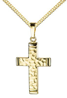 JEVELION Goldkreuz Kreuz-Anhänger in markanter Hammerschlag-Optik für Damen, Herren und Kinder als Kettenanhänger 585 Gold 14 Karat mit Panzer-Kette + Schmuck-Etui