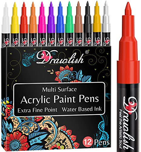 Acrylic Paint Pens for Rock Painting - Set of 12-0.7mm Tip Glass Pens with Extra Fine Point & Water-Based Ink - Ideal Paint Markers for Ceramic, Fabric, Porcelain, Wood, Canvas & DIY Mug Design