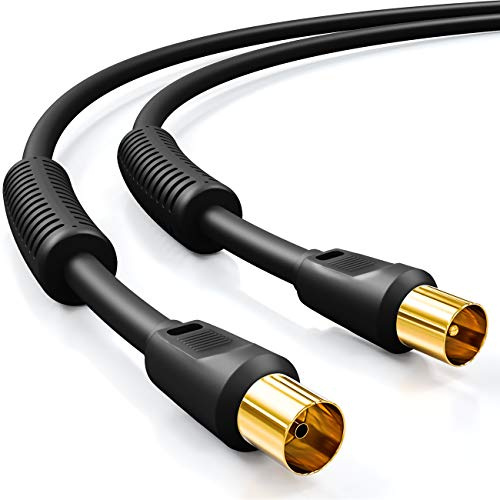 deleyCON 10m Cable Antena TV (Conector IEC a Acoplador IEC) Coaxial HDTV Cuádruple Blindaje 2x Núcleo Ferrita Filtro Corriente DVB-T DVB-T2 Radio DAB - Negro